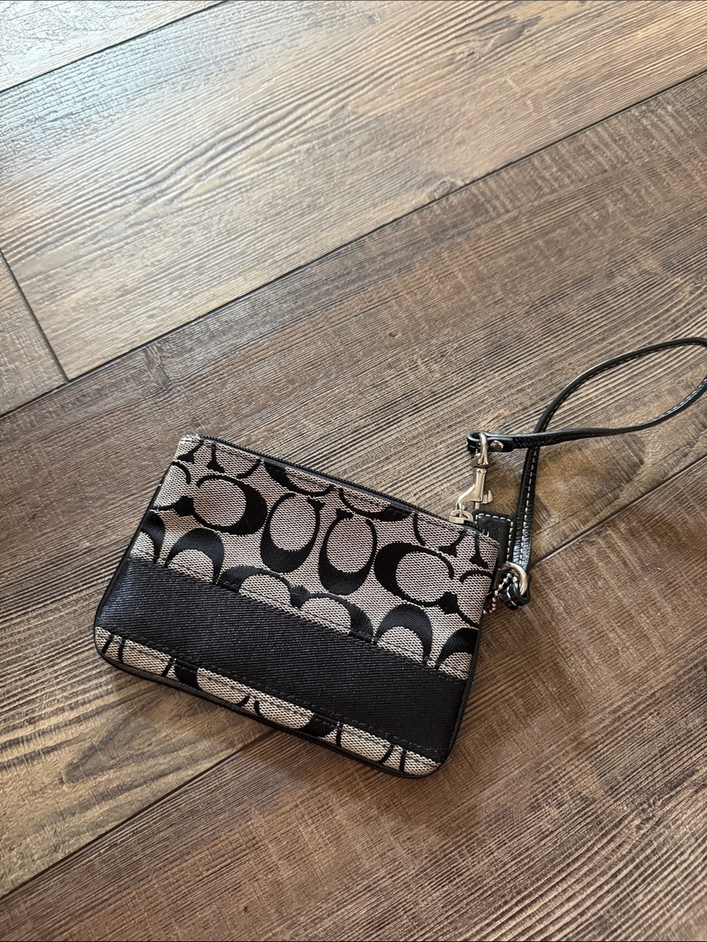 Coach Signature Jacquard Wristlet in Black and Taupe